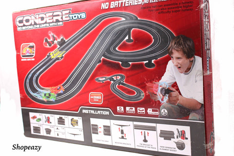RACE CAR TRACK SET IN A CASE HO SLOT NO BATTERIES REQUIRED HAND CRANK POWERED