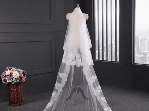Long Tail Bridal Veils With Embroidery Lace and Blinking Decoration